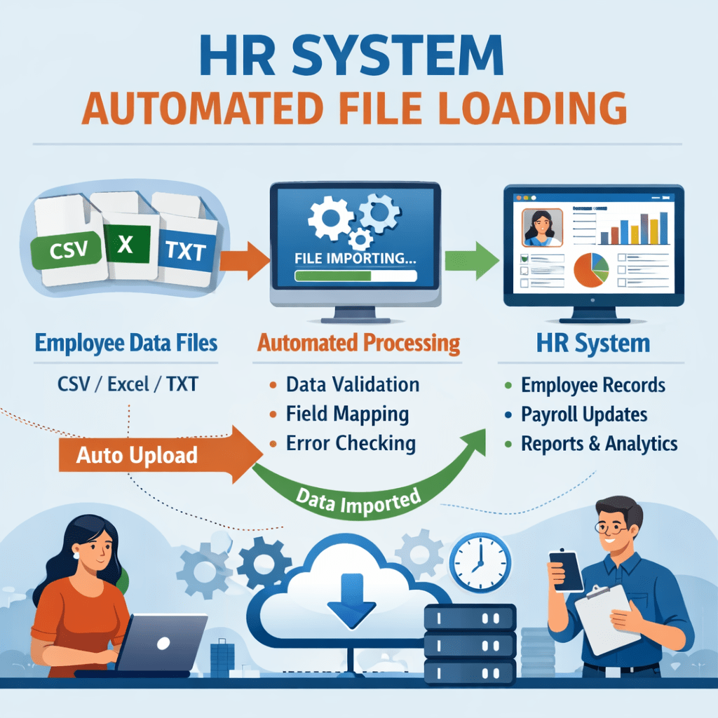 Flowchart of automated HR system file loading showing CSV, Excel, TXT files, processing steps, and HR system outputs