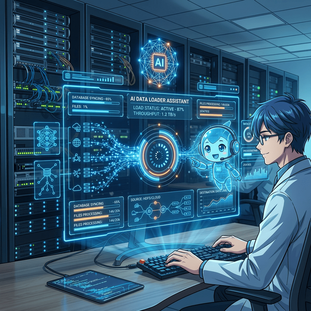 Scientist using holographic AI assistant for data loading in server environment