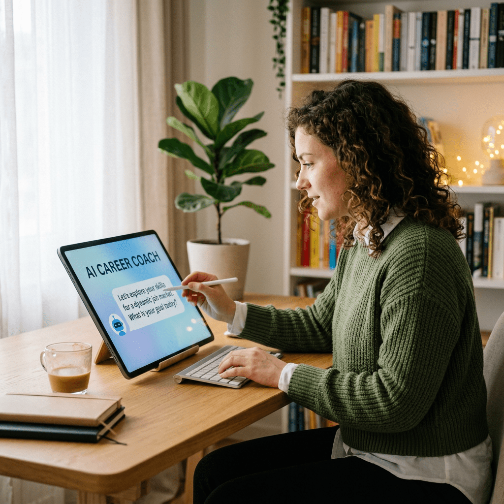 Woman interacting with AI career coach on tablet using stylus