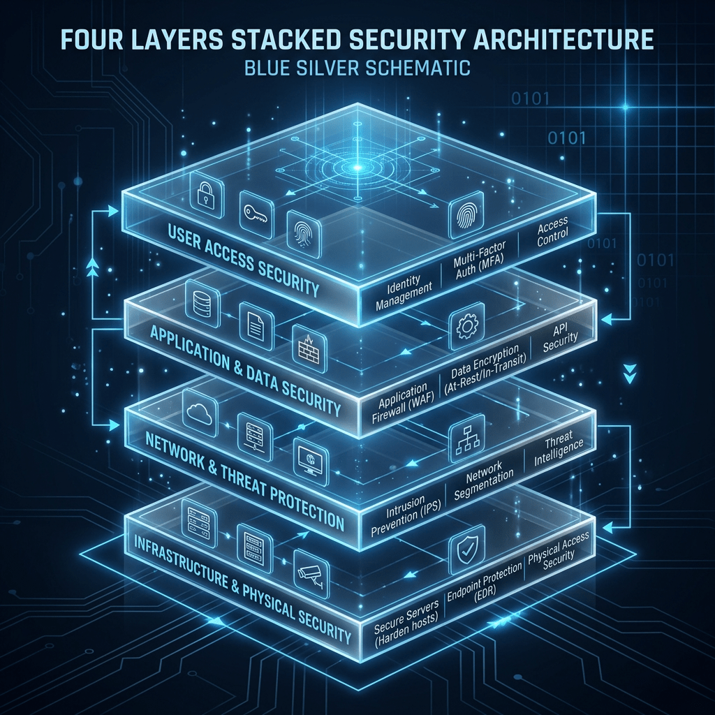 Four-layer cybersecurity architecture schematic showing User Access Security, Application & Data Security, Network & Threat Protection, and Infrastructure & Physical Security.
