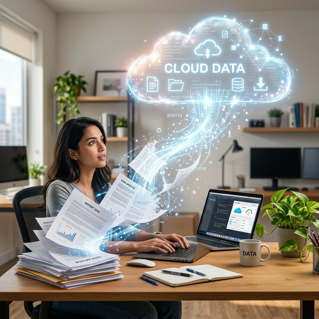 Woman working on laptop with digital documents transferring to cloud data