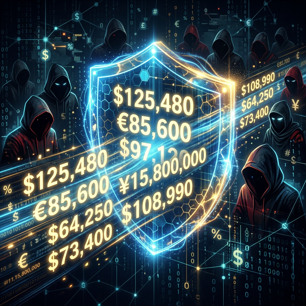 Digital shield with financial figures protecting against hooded hackers