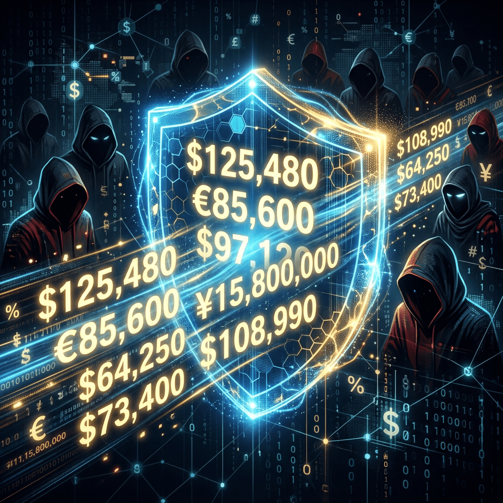 Digital shield with financial figures protecting against hooded hackers