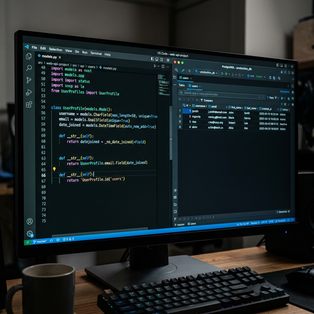 Python code defining a UserProfile model and a database interface showing user data