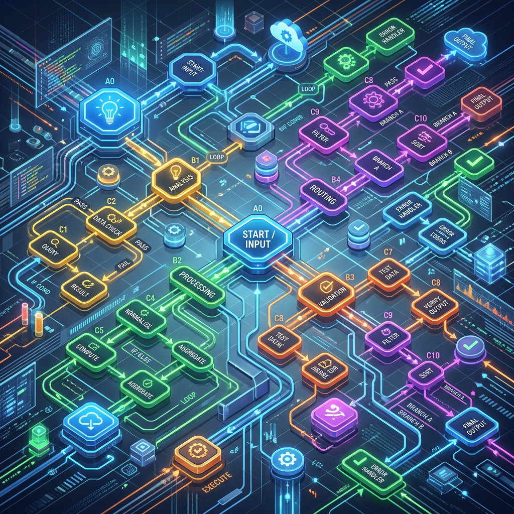 Digital flowchart showing data input, analysis, validation, processing, routing, filtering, sorting, and error handling