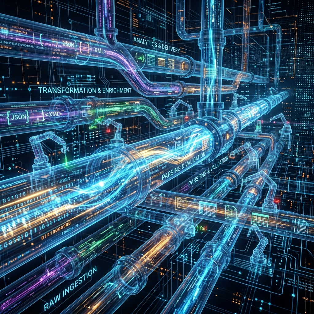 Transparent digital pipes with flowing streams of colorful data and code in a network grid