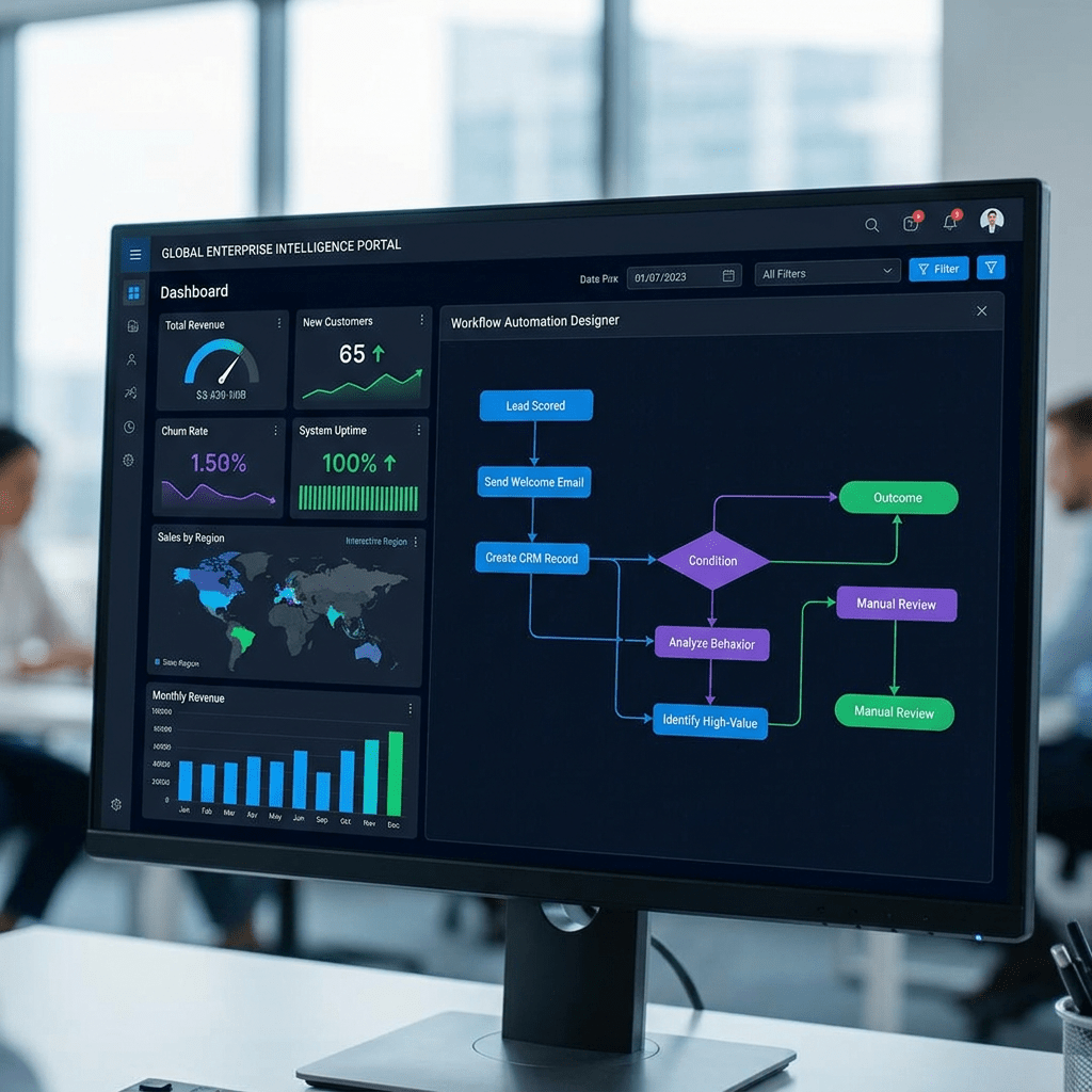 Enterprise intelligence dashboard displaying metrics like total revenue, new customers, churn rate, system uptime, sales by region, monthly revenue, and a workflow automation designer with decision steps.